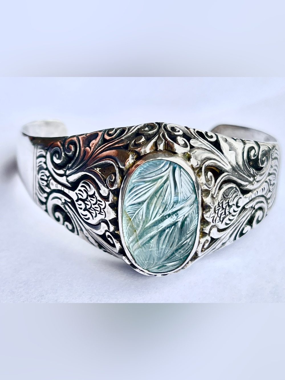 Vintage Antique Style Thistle Design Carved Aquamarine Intaglio Bracelet 950 55g - Picture 4 of 14